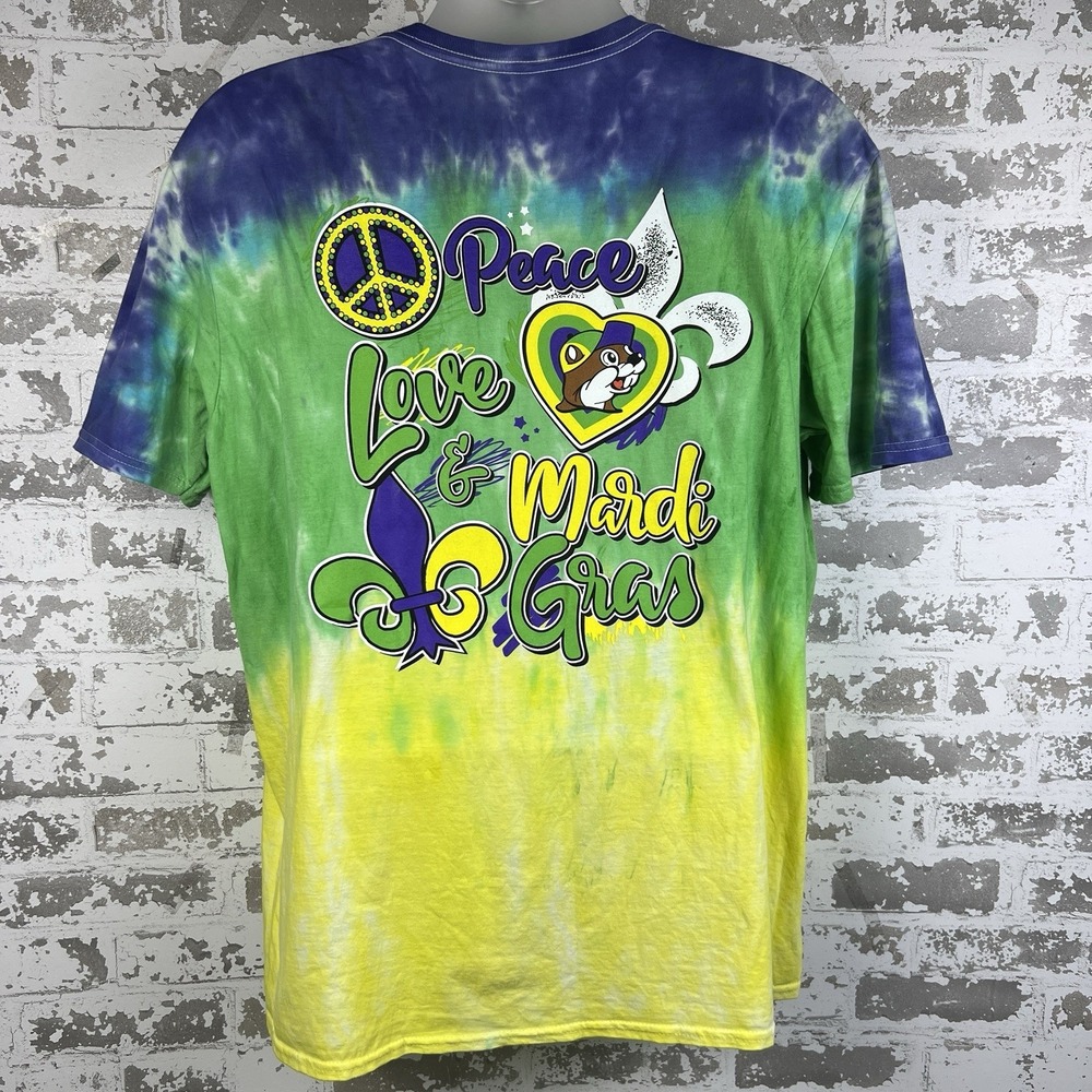 Buc-ee's Peace Love Mardi Gras T Shirt XL Tie Dye Blue Green Yellow New Orleans